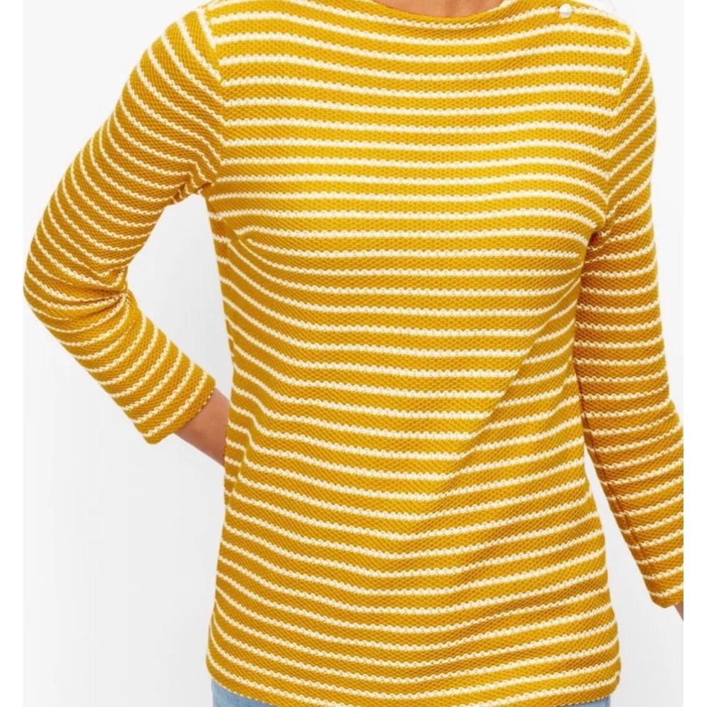 Talbots Womens Medium Mustard Yellow White Striped Cotton Boat Neck Button Top
